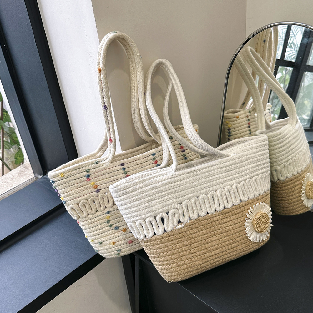 Knitted Straw Bag Summer Flower Bohemia Fashion Women's Handbags Color Stripes Crochet Shoulder Bags Beach Bag Big Tote Bags