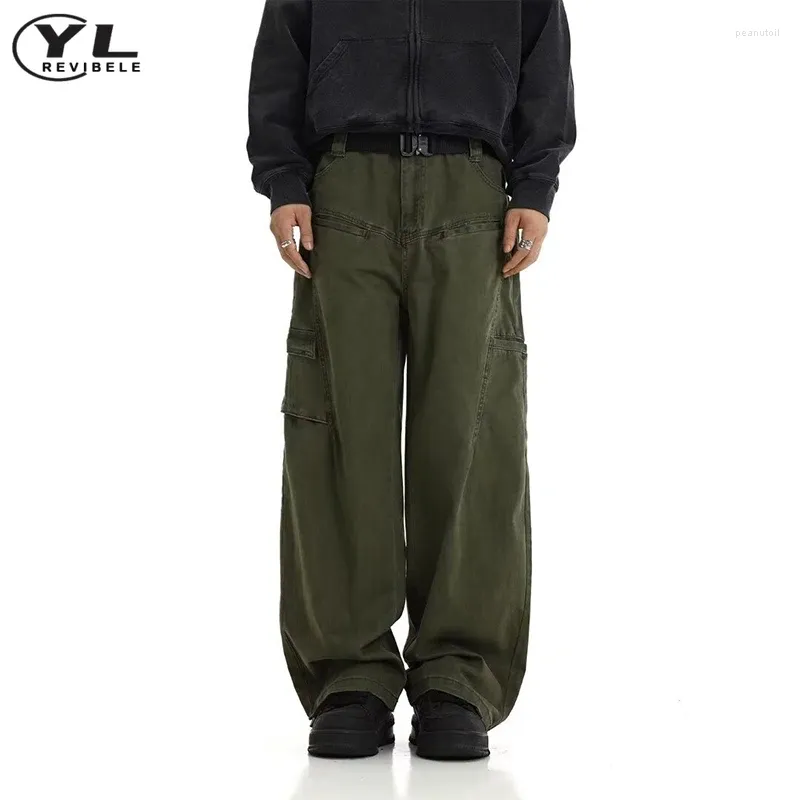 Mens Pants American Vintage Wide Leg Cargo Pant High Waist Solid Color Mtiple Pockets Jogging Spring Baggy Straight Trousers Drop Deli Otqex