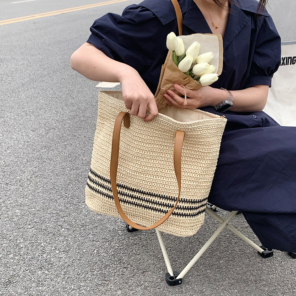 Summer Straw Shoulder Bags for Women Striped Woven Seaside Beach bag Vacation Shopping Bags Casual Female Shoulder Handbags Tote