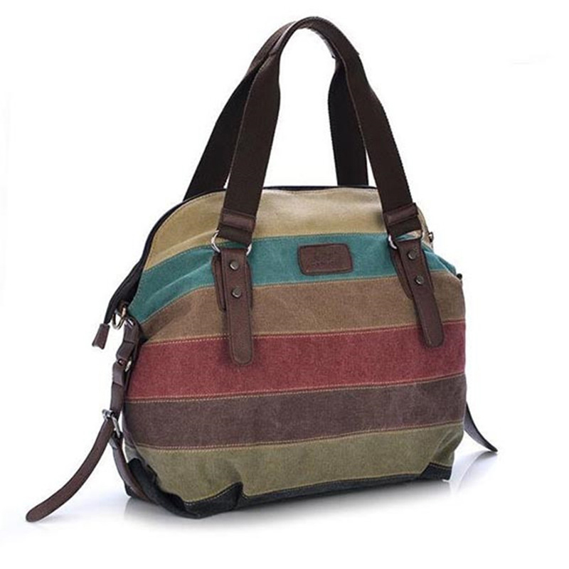 Canvas Totes， Striped Womens Handbag ，Patchwork Rainbow Shoulder Bag， Fashion Female Casual Crossbody Bag