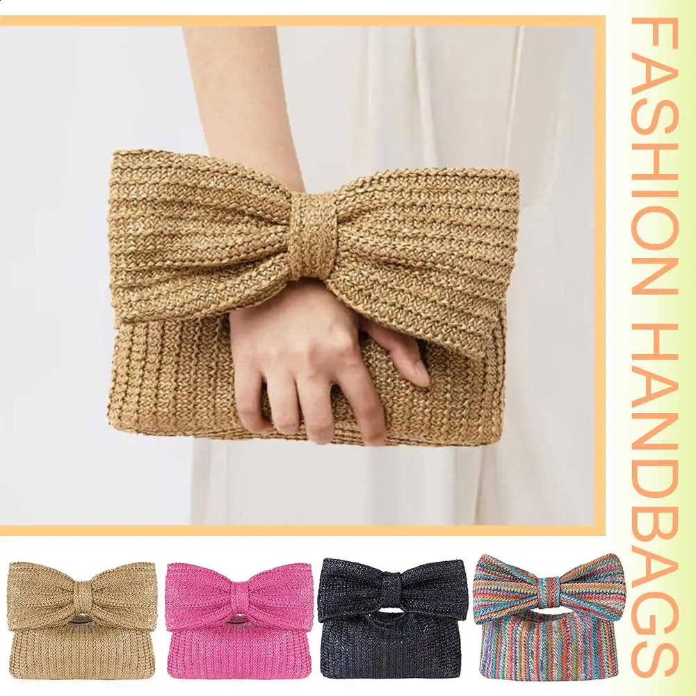 Women Straw Evening Bag Zipper Clre with Bow Woven Handbag Versatile Female Party Wedding 250227