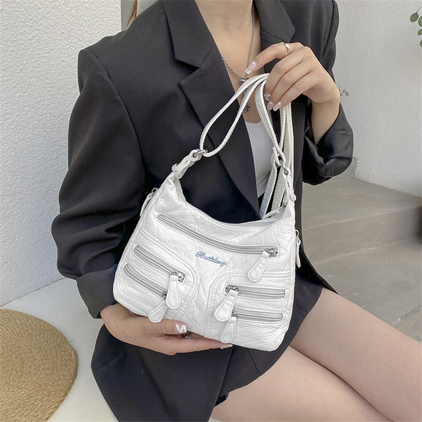 Small Soft Shoulder Bag Casual Women Bag Wash White Leather Crossbody Adjustable Multi-pocket Ladies Pocket Bolsa De Ombro New