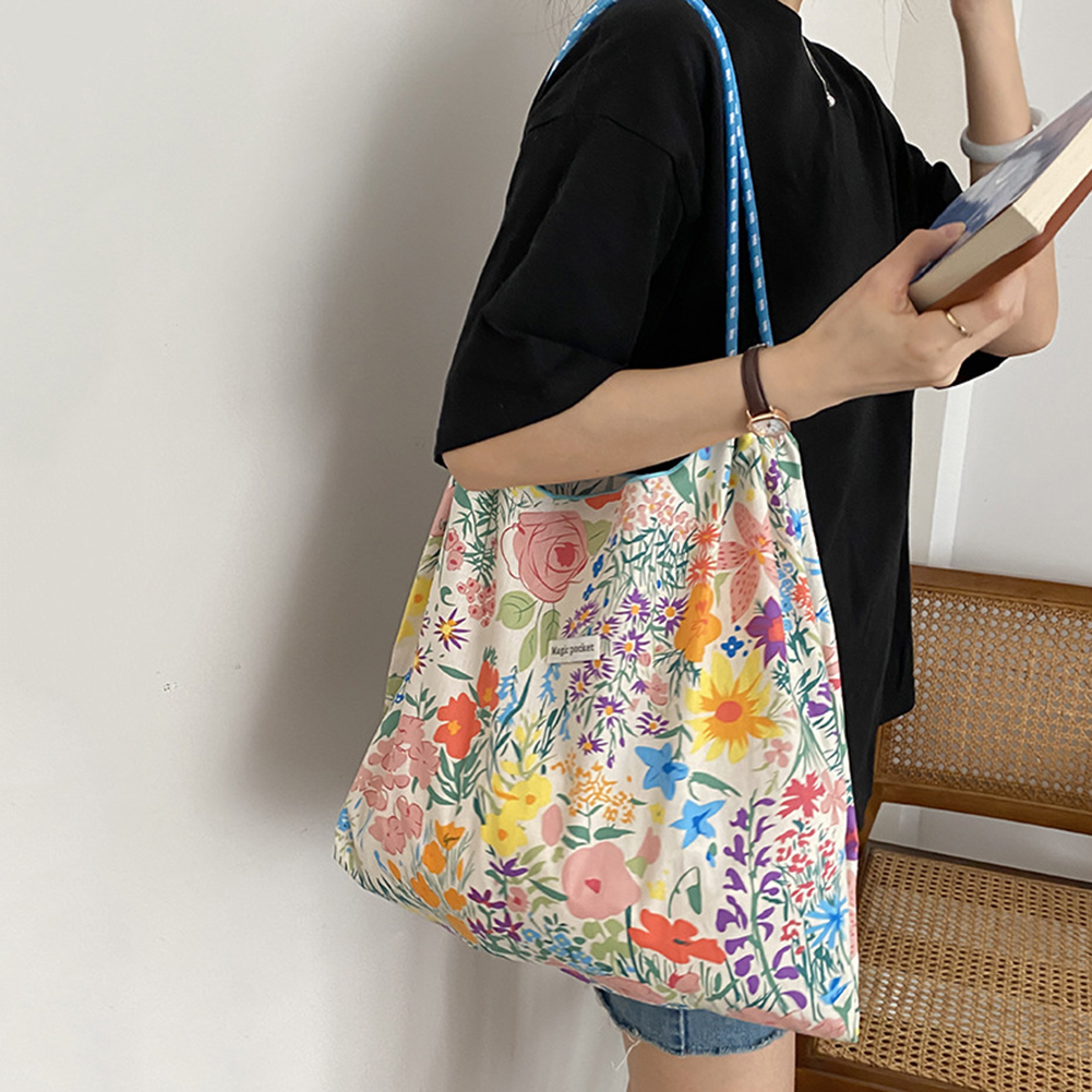 Floral Printed Canvas Shoulder Bag Books Bag Large Capacity Reusable Ladies Totes Simple Fashion Casual Shopping Bags For Women