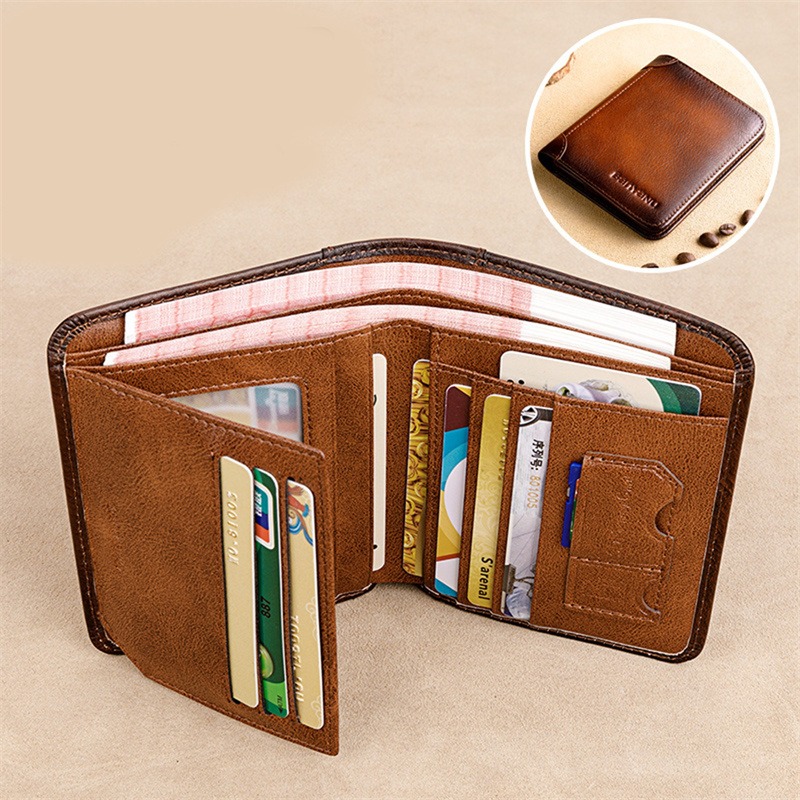 Three Fold Wallet Men's RFID Blocking Wallet Vintage PU Leather Wallet Business Credit Card Holder Bag Purse Men