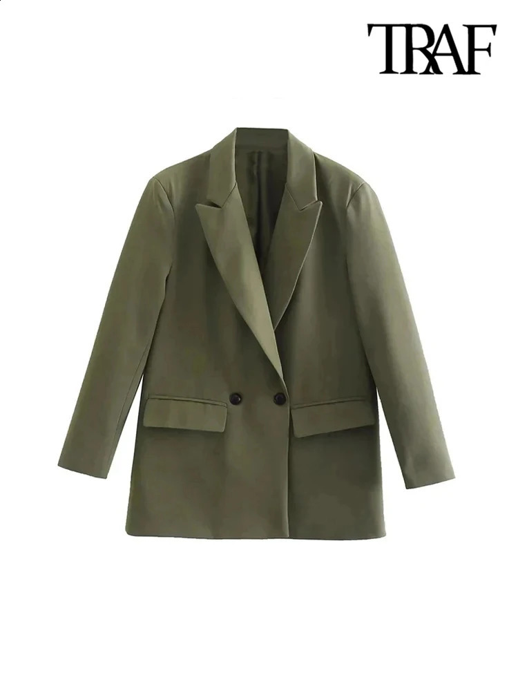 TRAF Womens Fashion Double Chest Loose Set Jacket Retro Long Sleeve Pocket Coat 240827