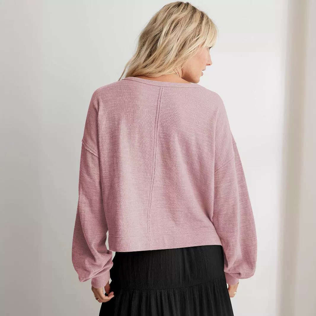 Ribbed round neck top, comfortable casual hoodie, women's long sleeved knitted sweater