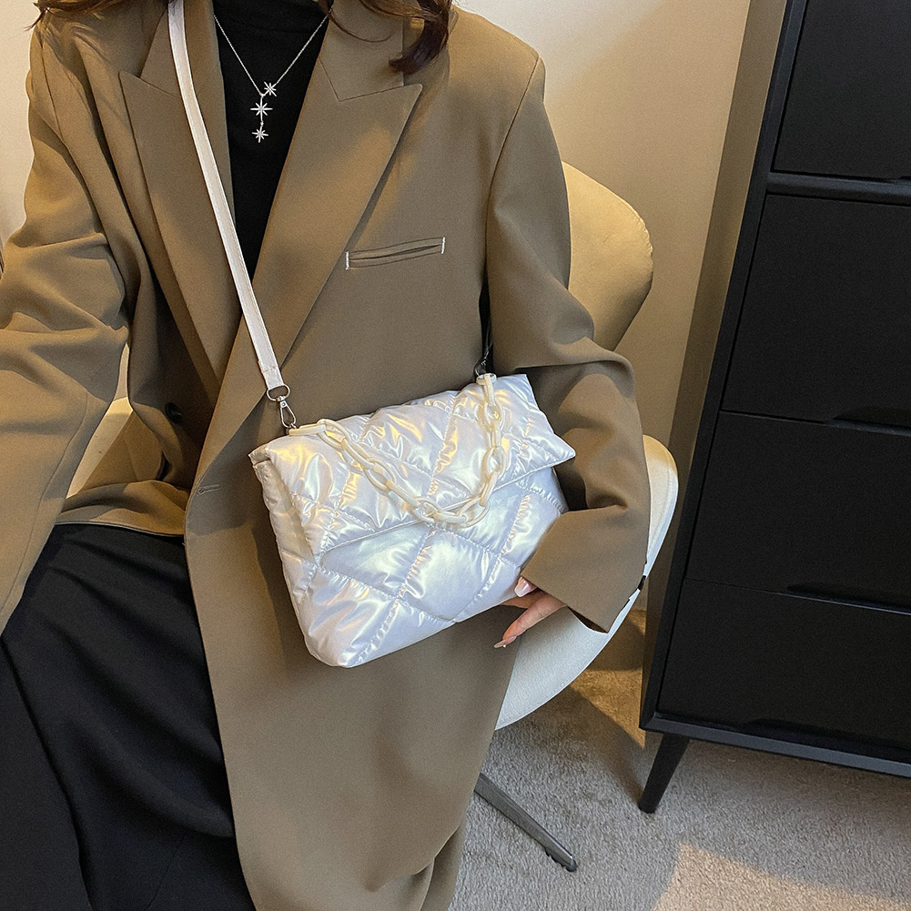 Women Fashion Chain Crossbody Bags Winter Cotton Padded Quilted Shoulder Bag Casual Simple Female Girls Handbags