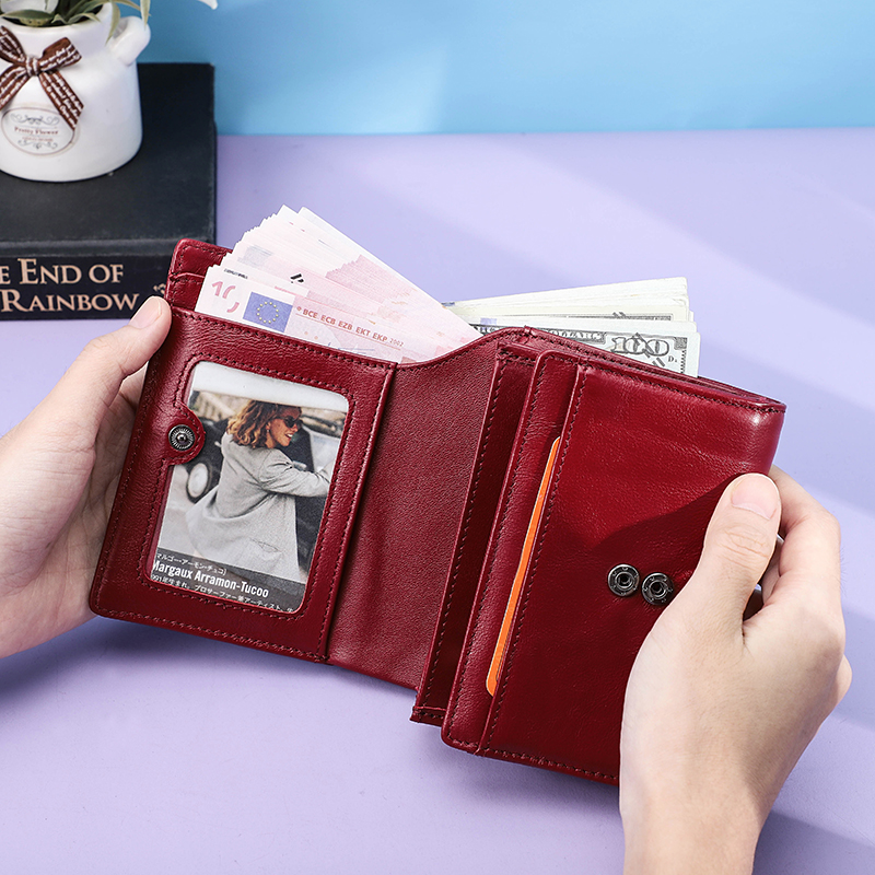 CONTACT'S Genuine Leather Women Wallets Luxury Designer Short Bifold Fashion Women's Purses Card Holders Coin Purses Female Bags
