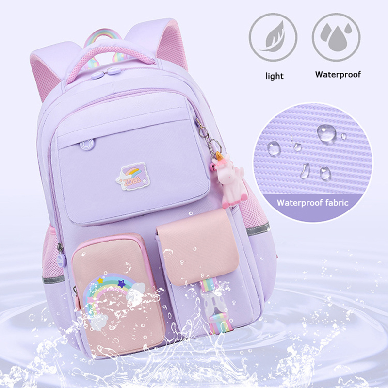 Fashion Kids School Backpack with Rainbow Shoulder Strap Waterproof Lightweight Girls School Bag Trendy Children Bookbag Mochila for Teenagers
