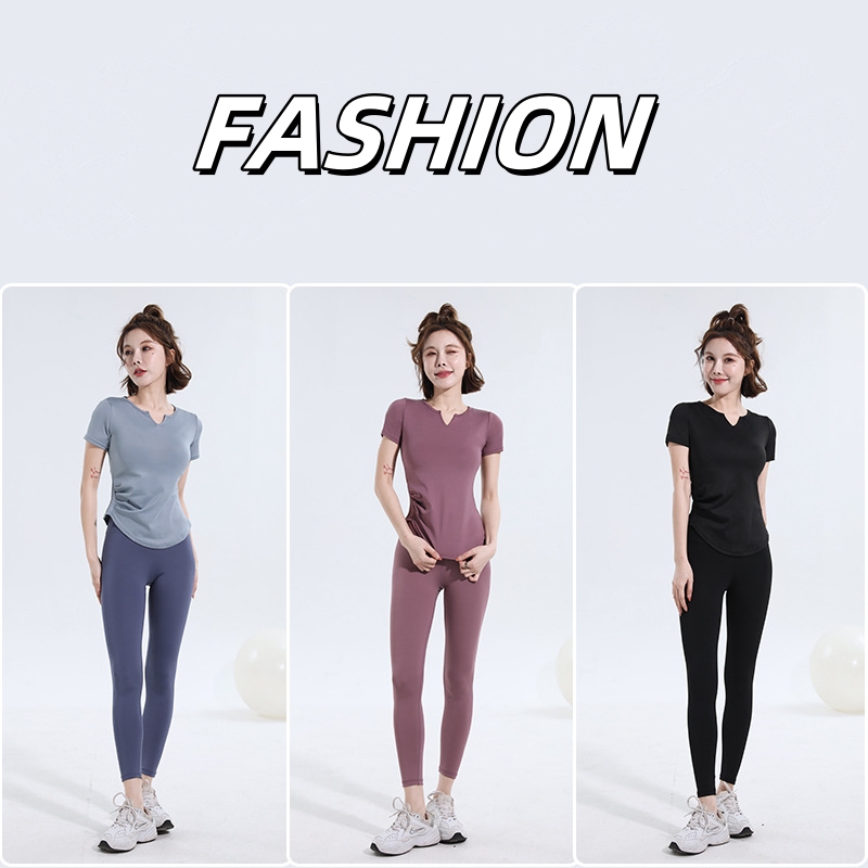 V-neck short-sleeved T-shirt quick dry naked seamless yoga clothes fold waist slimming bodyfitting sports fitness top women