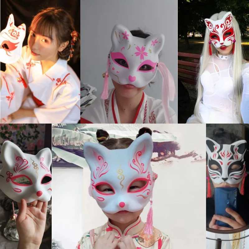 Anime Foxes Mask Japanese Cosplay Rave Hand-Painted Cartoon Demon Slayer Half Face Cat Masks Masquerade Festival Party PropsXJ2423