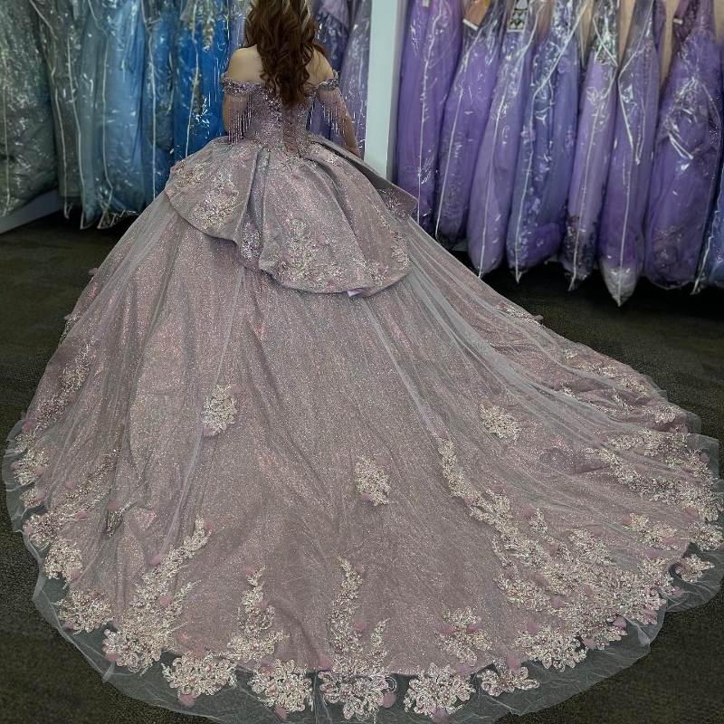 Lilac Shiny Quinceanera Ball Gown Off The Shoulder Appliques Lace 3Dwer Beads Lace-Up Sweet 16 Dress Party Dresses