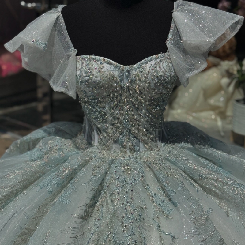 Quinceanera Dress Off The Shoulder Lace Beads Crystal Tull Mexican Vestidos De 15 Princess Sweet 16 Birthday XV Ball Gown