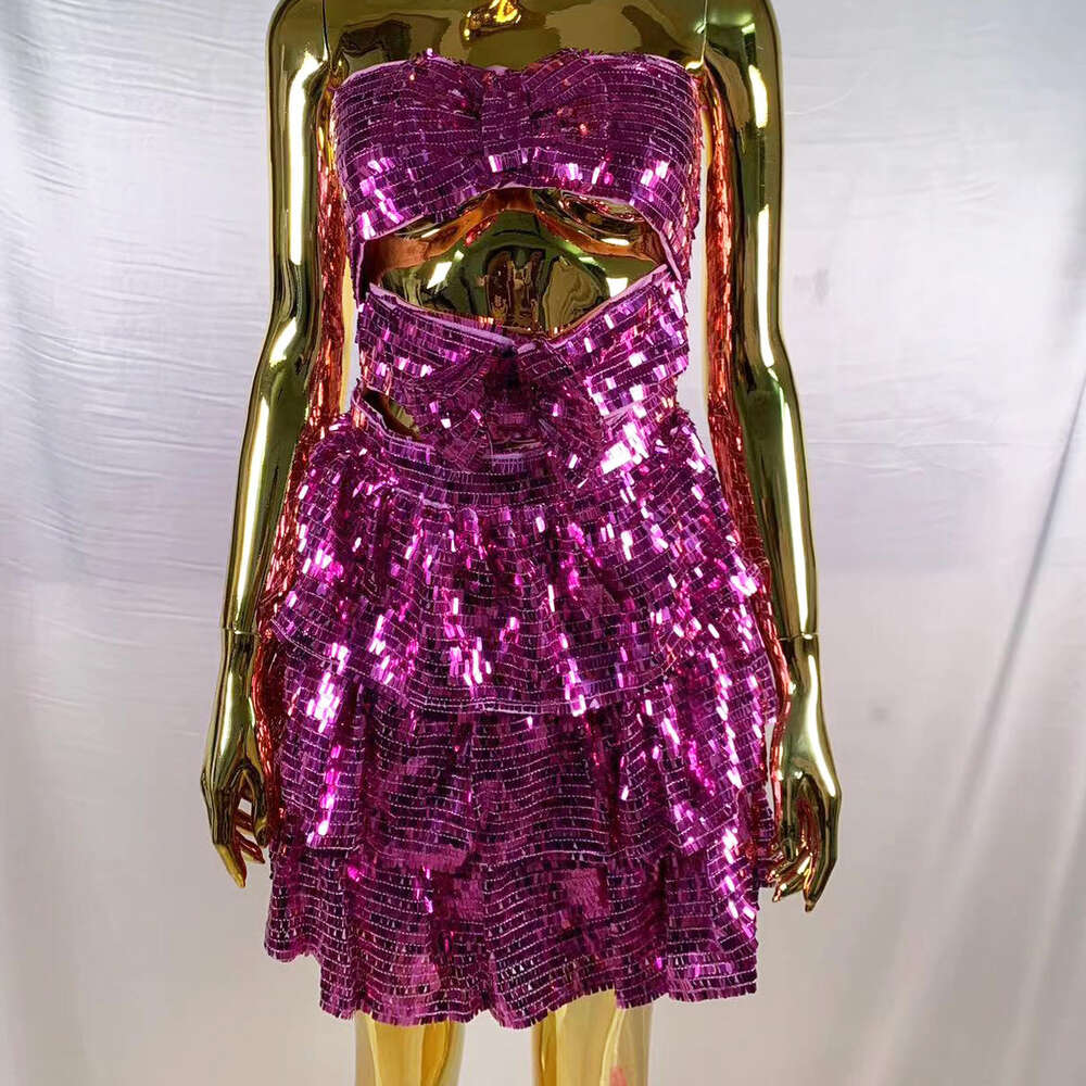 New party dress hollow pleated dress pink bow square sequin strapless skirt short skirt