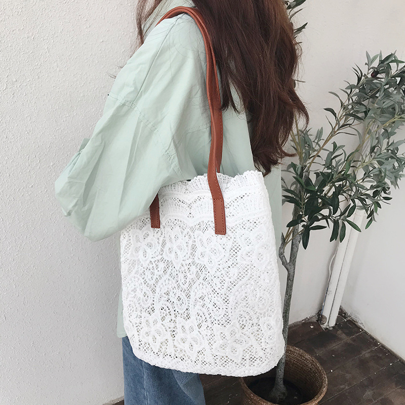 Bucket Shoulder Bag For Women Lace Summer Korean Lace Elegant Women Tote Shopping Female Bags Lady Handbag Female Beach Bag 2023