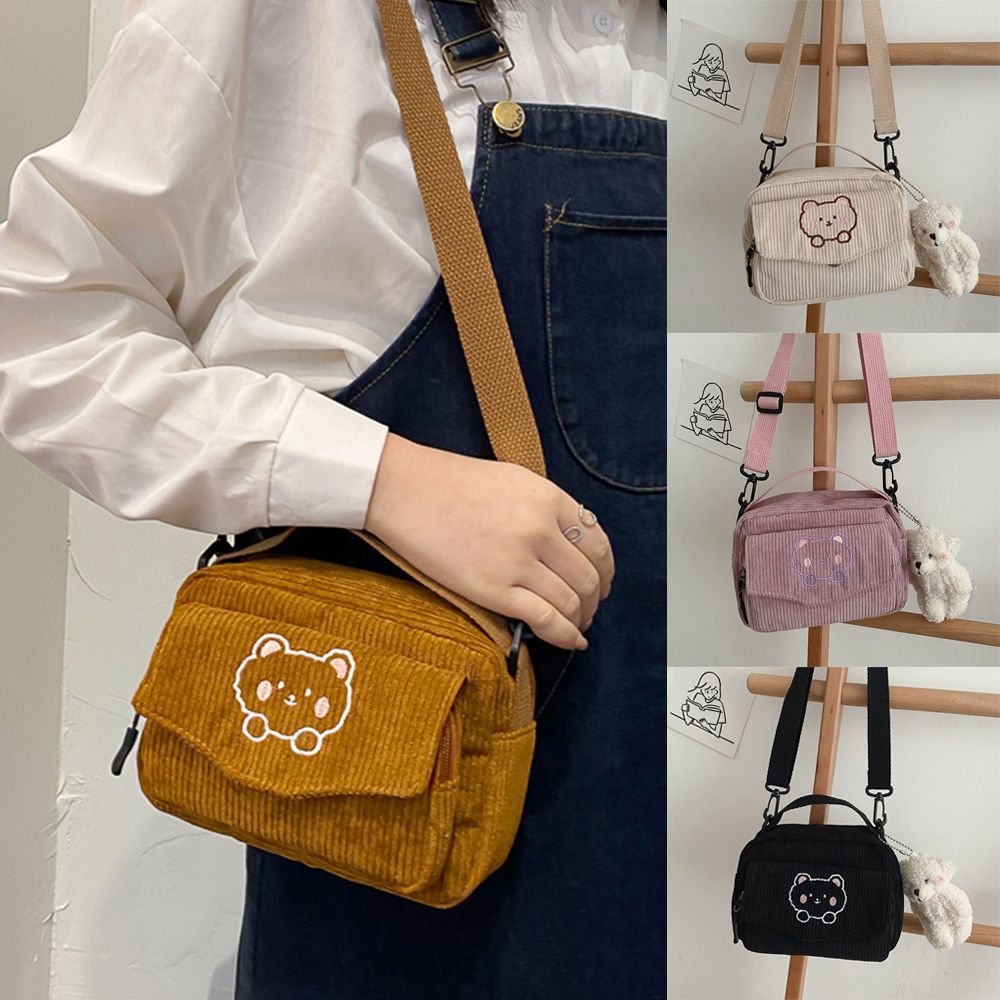 Fashion Women Corduroy Cartoon Bear Print Shoulder Bags Student Tote Messenger Bag Satchel Travel Handbags