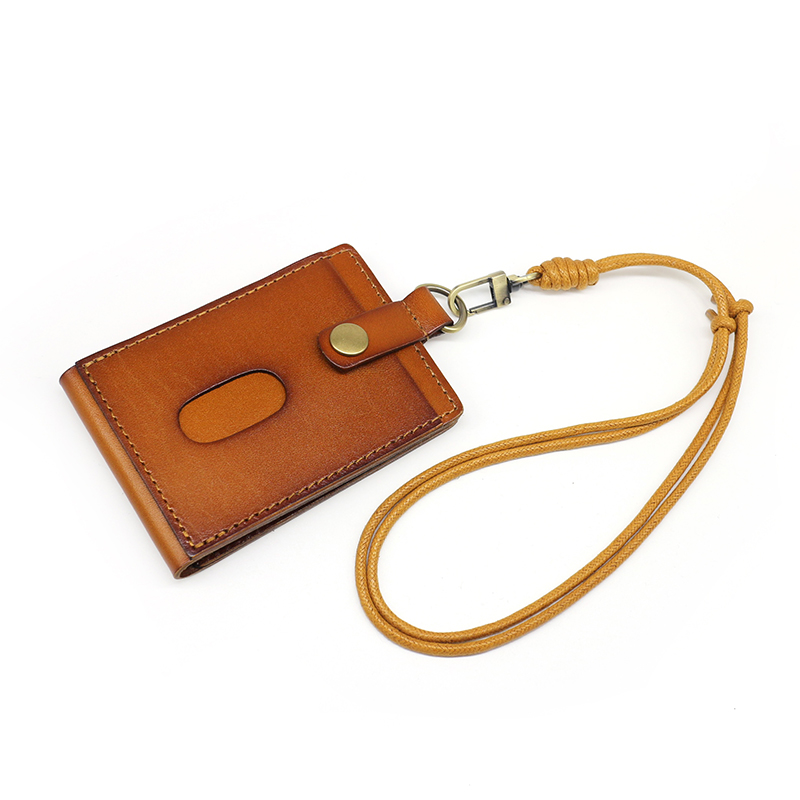 ID Badge Holder For Office Work Genuine Leather Credit Card Bag Retractable Lanyard Neck Strap Reel Id Driving License Purses