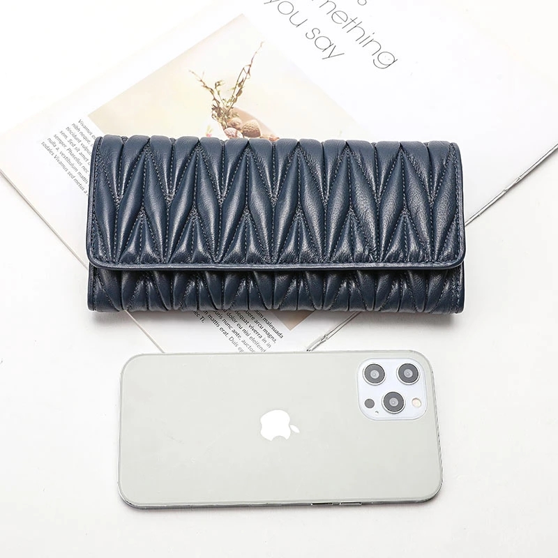 Women Long Pleated Wallet Fashion Hasp Zipper Multifunction Card Holder Sheepskin Genuine Leather Female Coin Purse Clutch Purse