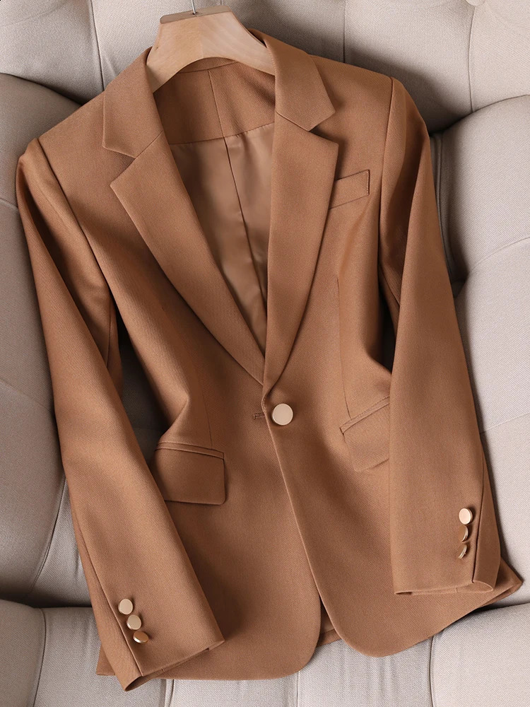 ly arrived autumn and winter khaki navy womens jacket long sleeved single button office business workwear formal 240827