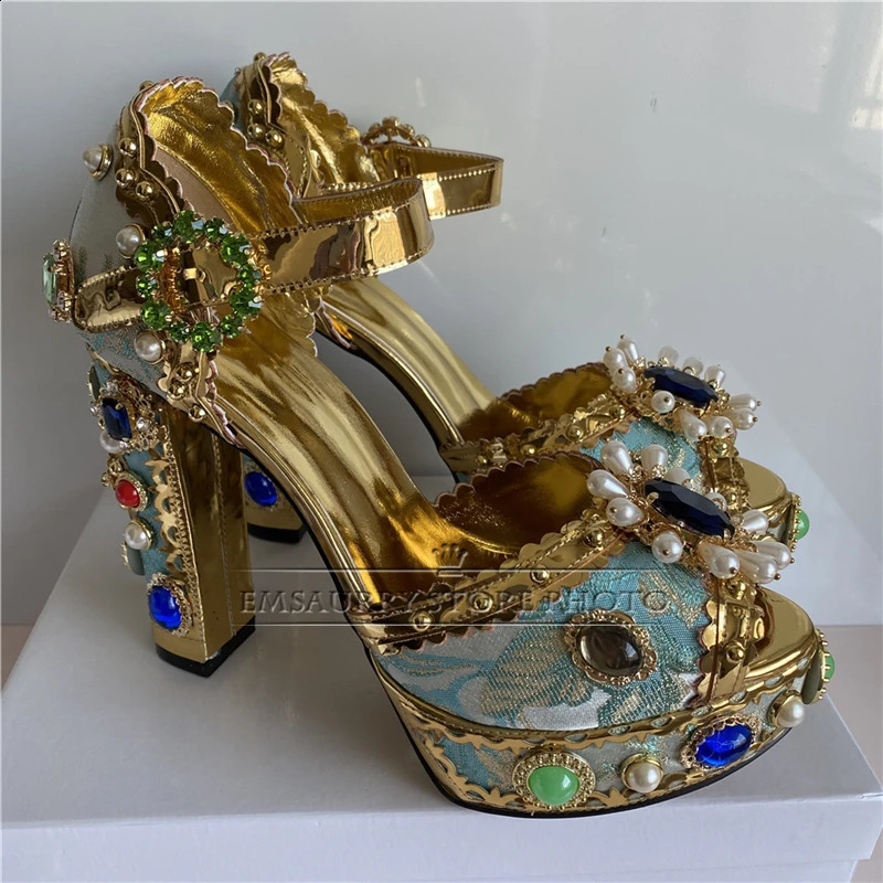 High quality embroidered satin party shoes summer pearl thick high heels rhinestone platform sandals for women 240731