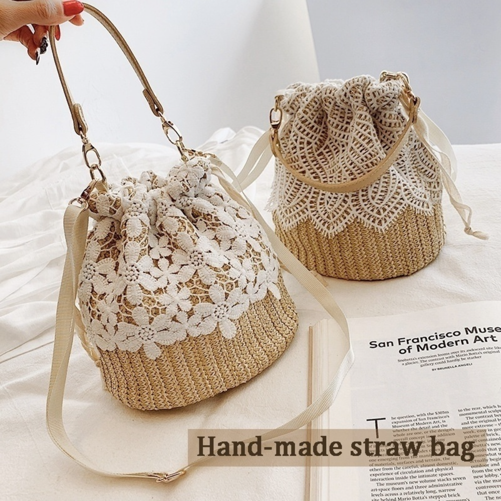 Straw Plaited Article Lace Bucket Bags for Women Causal Holiday Beach Bag Elegant Handbags Shoulder Crossbody