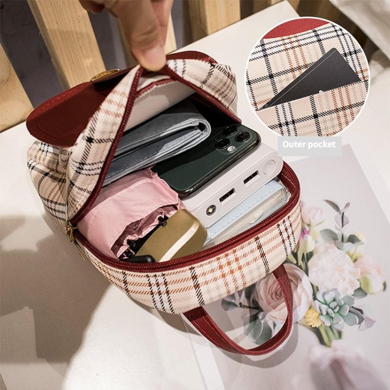 Checkered Shoulder Bag for Women's Korean Version Color Matching Mini Backpack with Fashionable Buckle Crossbody Bag