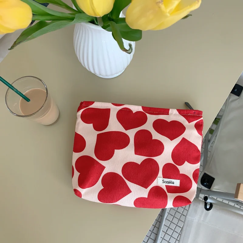 Red Black Green Heart Printed Cosmetic Bags for Women Corduroy Large Makeup Bags Organizer Travel Phone Toiletry Wash Bags