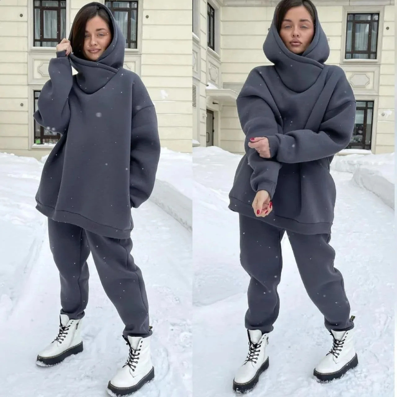 Winter Womens Tracksuit Two Piece Sets Solid Long Sleeve Hooded Running Sports Suit Warm Hoodie Sweatshirts Pant 251022