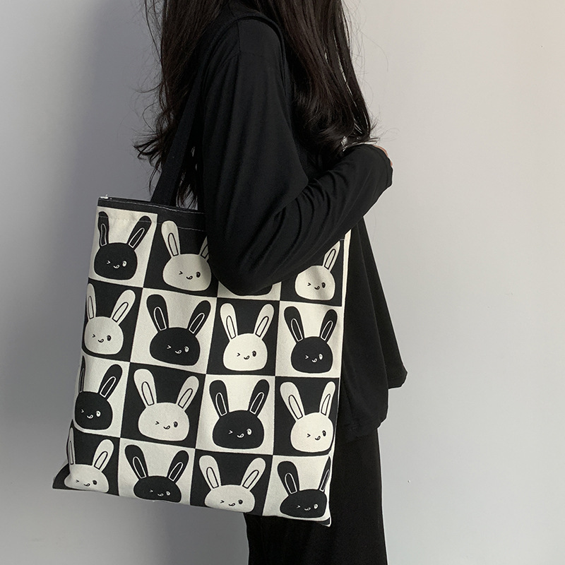 Cute Rabbit Canvas Women's Shoulder Shopping Bag Large Capacity Handbags Girl Student Class Zipper Korean Tote Shopper Fashion