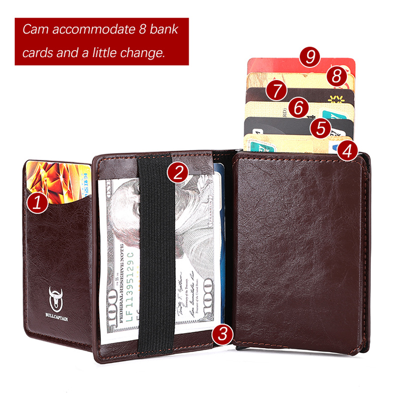 Bullcaptain Credit Card Holder Men Wallet RFID Blocking Protected Aluminium Box Leather Wallets with Money Clip Card holder