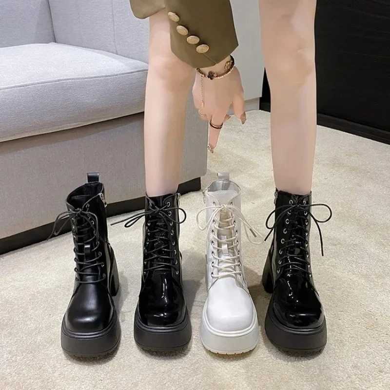 Autumn and Winter Womens Ankle Boots Waterproof Platform Lace Thick High Heels Short Boots Fashion 9cm High Heels Leather Botas CL240906
