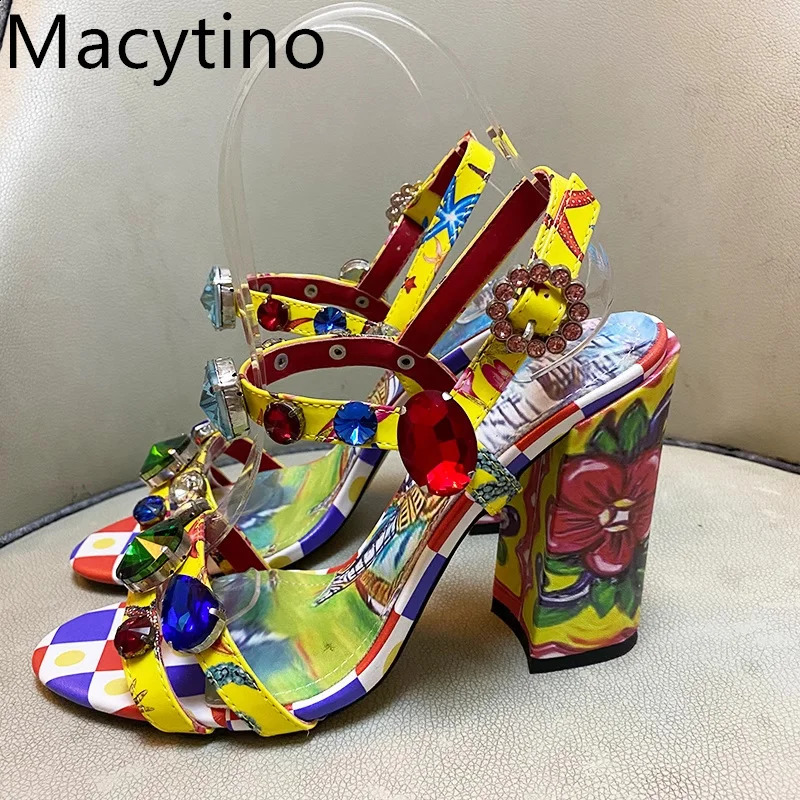 2024 Gemstone Decoration Printing Design Womens 14CM High Heel Sandals Round Shoe Blocks Fashion Party Shoes 240731