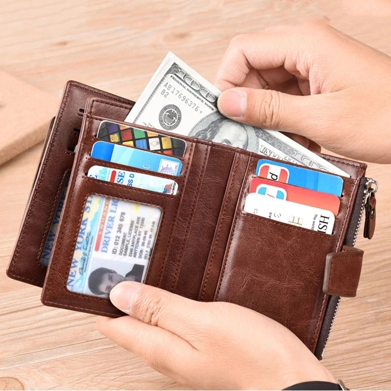 2023 Fashion Men's Coin Purse Wallet RFID Blocking Man Leather Wallet Zipper Business Card Holder ID Money Bag Wallet Male