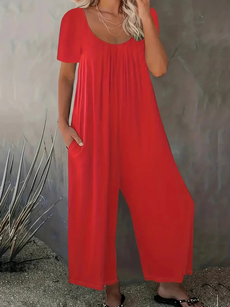 Summer Chic Solid Color Casual Jumpsuit Crew Neck Short Sleeve Wide Leg Long Pant with Pockets Versatile Outfit Womens Clothing 240802
