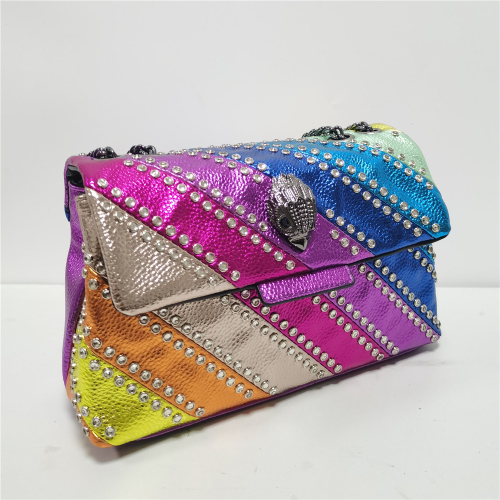 Summer Rainbow Diamond Studs Handbag Pattern Eagle Icon Head On Front Jointing Colorful Cross Body Bag Patchwork Shoulder Bag