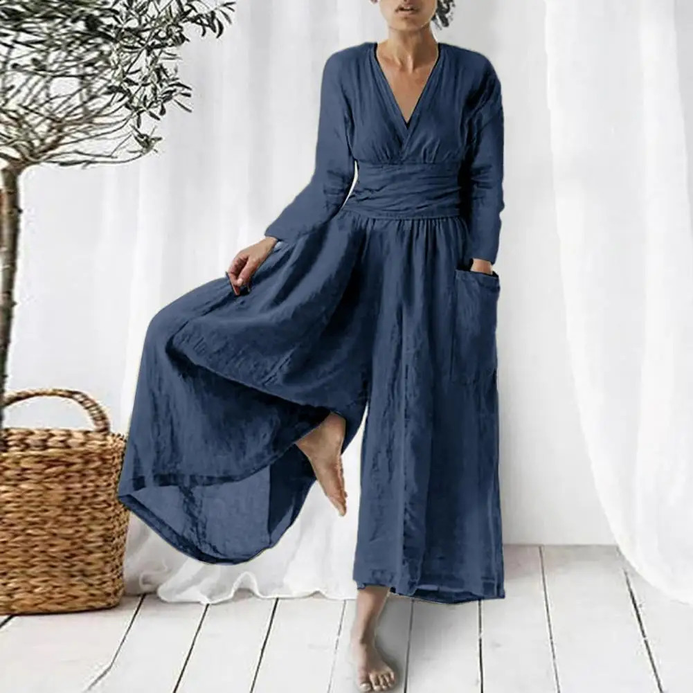 Cotton Linen Jumpsuit V-neck Waist Tight Long Sleeve Women Playsuit Spring Oversized Loose Long Pants Rompers Womens Clothing 240802