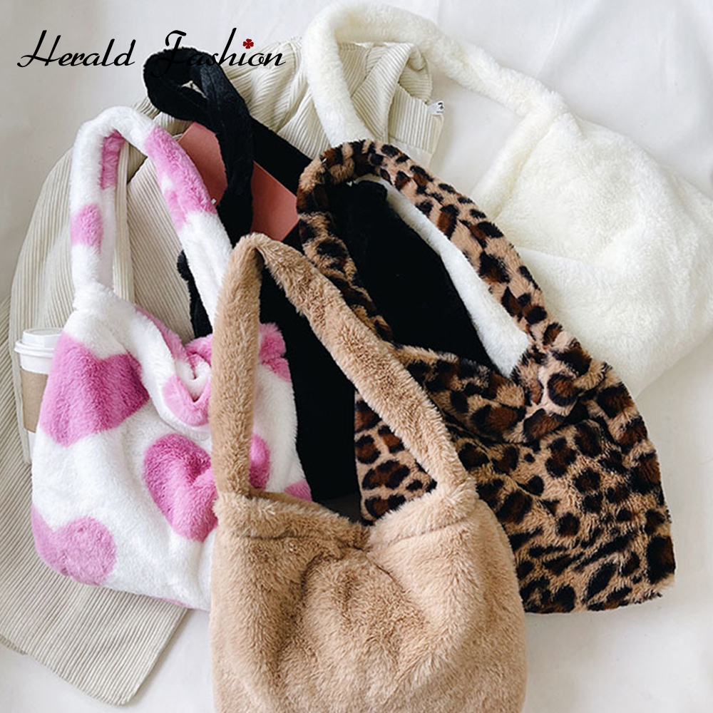 Herald Faux Fur Women Shoulder Bag Leopard Print Soft Plush Female Crossbody Messenger Purse Large Winter Fluffy Lady Handbag