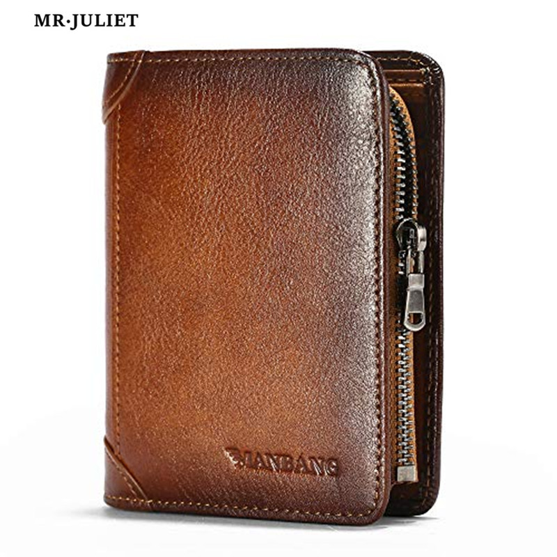 MR.JULIET New Men's Real Leather Short Vertical Anti-theft Card Holder Multifunctional Wallet