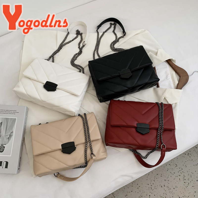 Yogodlns Thread PU Leather Crossbody Women Fashion Chain Messenger Shoulder Bags Female Large Capacity Lady Handbag