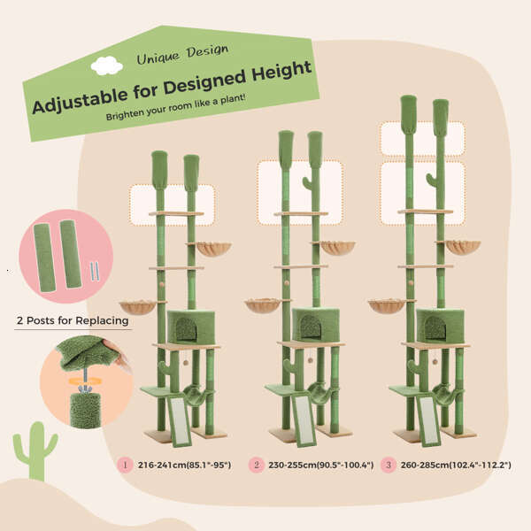 Cactus tree or standing tower, adjustable height (85-112 inches), 7-story climbing activity center, equipped with comfortable hammoc, 5 platforms, and