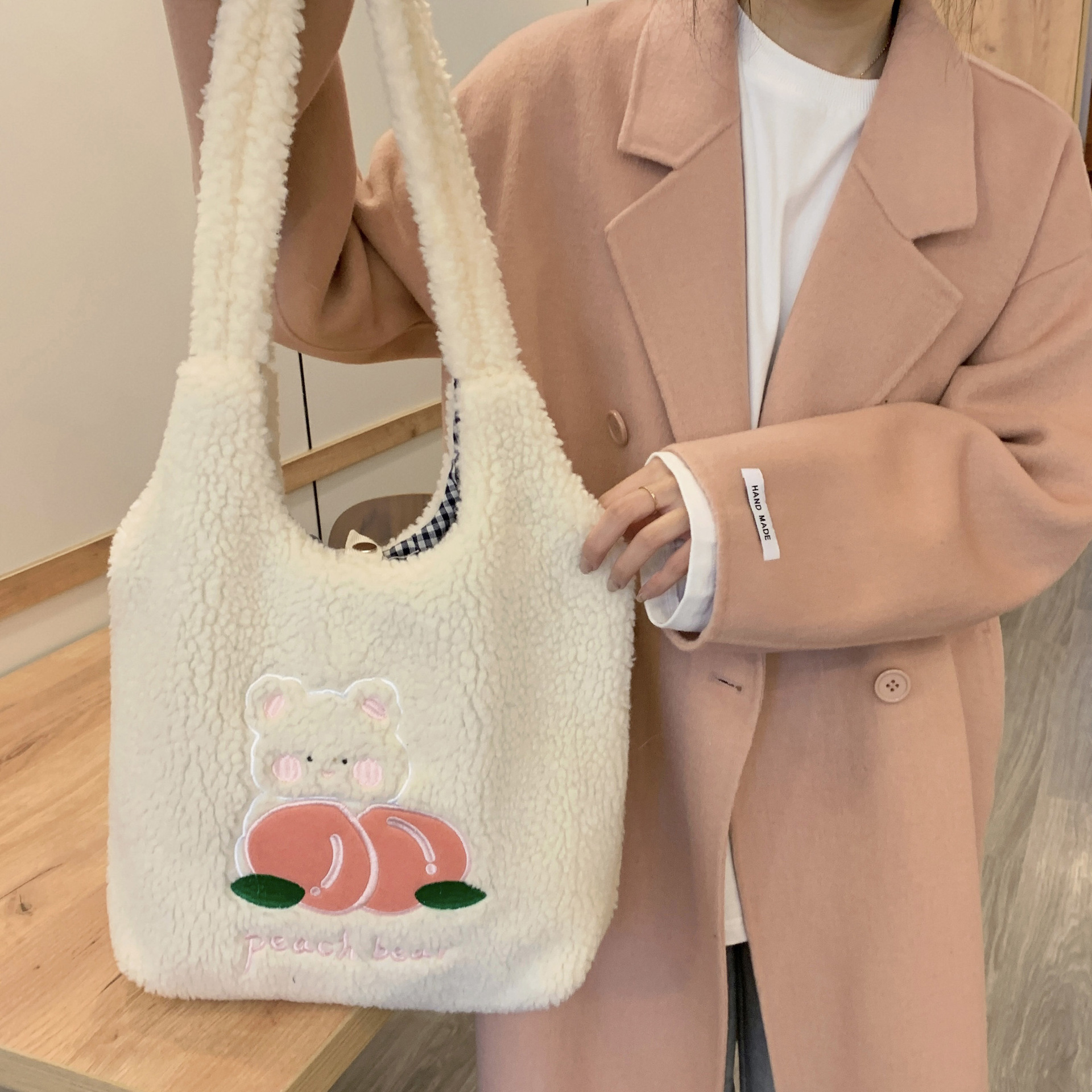 Women Plush Shoulder Bag Embroidery Warm Cloth Handbag Soft Canvas Tote Large Shopping Bag Cute Cartoon Bear Book Bags For Girls