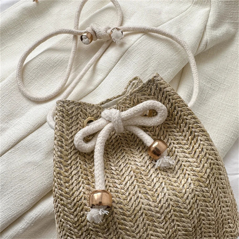 Fashion Womens Soft Woven Cross Body Bag Drawstring Straw Shoulder Bags Ladies Summer Travel Leisure Beach Handbag 2024 240919