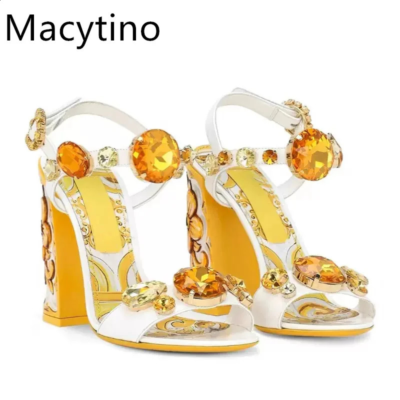 2024 Gemstone Decoration Printing Design Womens 14CM High Heel Sandals Round Shoe Blocks Fashion Party Shoes 240731