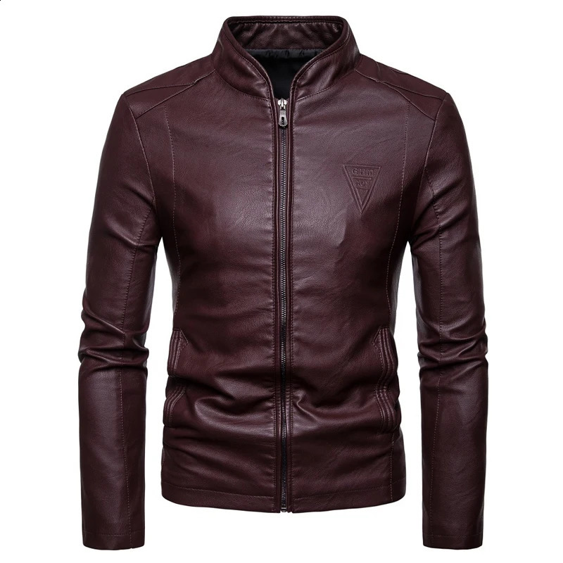 Autumn Winter Solid Color Fashion Long Sleeve Faux Leather Man High Street Round Neck Zipper Pockets All-match Coat 240822