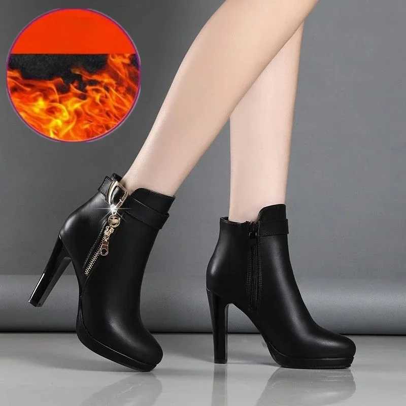 Round toe high-heeled shoes for women in winter 2024 sexy plush ankle boots simple slim fit high-heeled leather shoes elegant womens high-heeled shoes