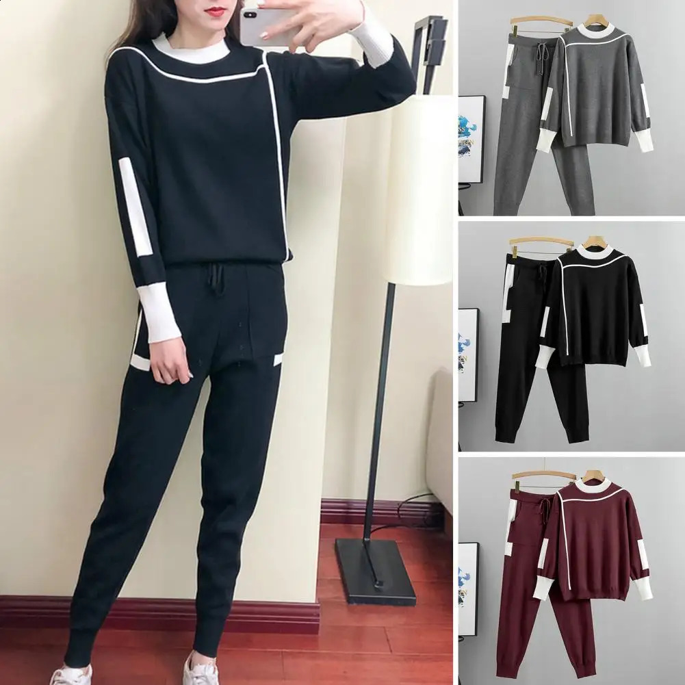 Womens Autumn Winter O Neck Sweater Two Piece Set Female Knitted Pants Suits Fashion Casual Pullover Tracksuits Outwear 240801