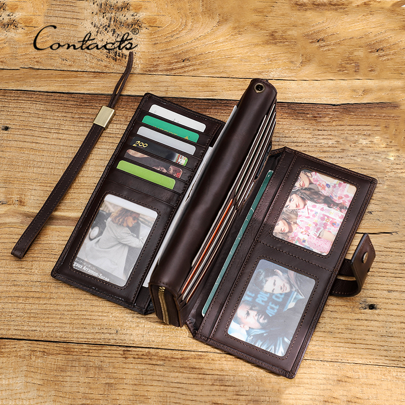 CONTACT'S Crazy Horse Leather Men's Wallet Long Clutch Card Holders For Men Cowhide Purse Wallet With Phone Holder Carteira Male