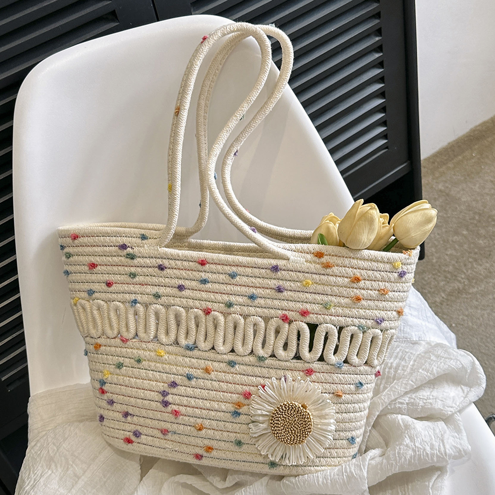 Knitted Straw Bag Summer Flower Bohemia Fashion Women's Handbags Color Stripes Crochet Shoulder Bags Beach Bag Big Tote Bags
