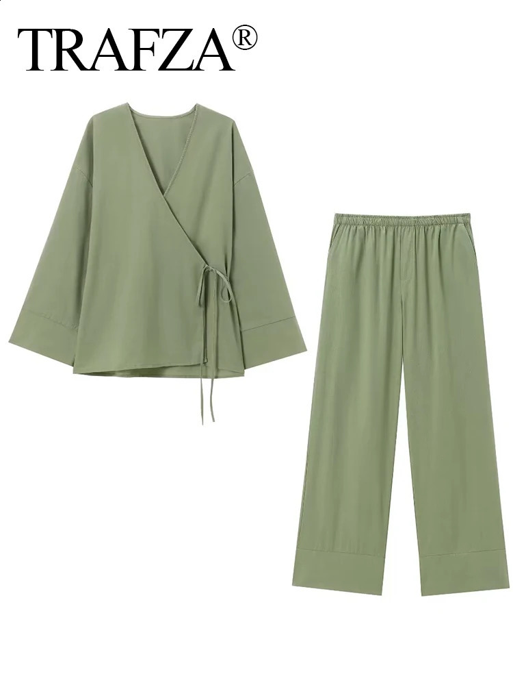 TRAFZA Women Solid Lace Up Textured Shirt Pants Set Long Sleeve Vneck ShirtsLoose High Waist Wide Leg Trousers Outfit traf 240801