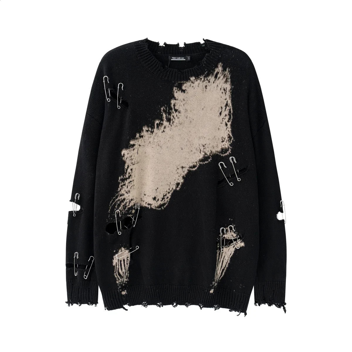 Y2k Grunge Black Ripped Sweater Vintage Women Distressed Knitted Jumper Gothic Oversized Knitwear Korean Fashion Autumn Top 240801